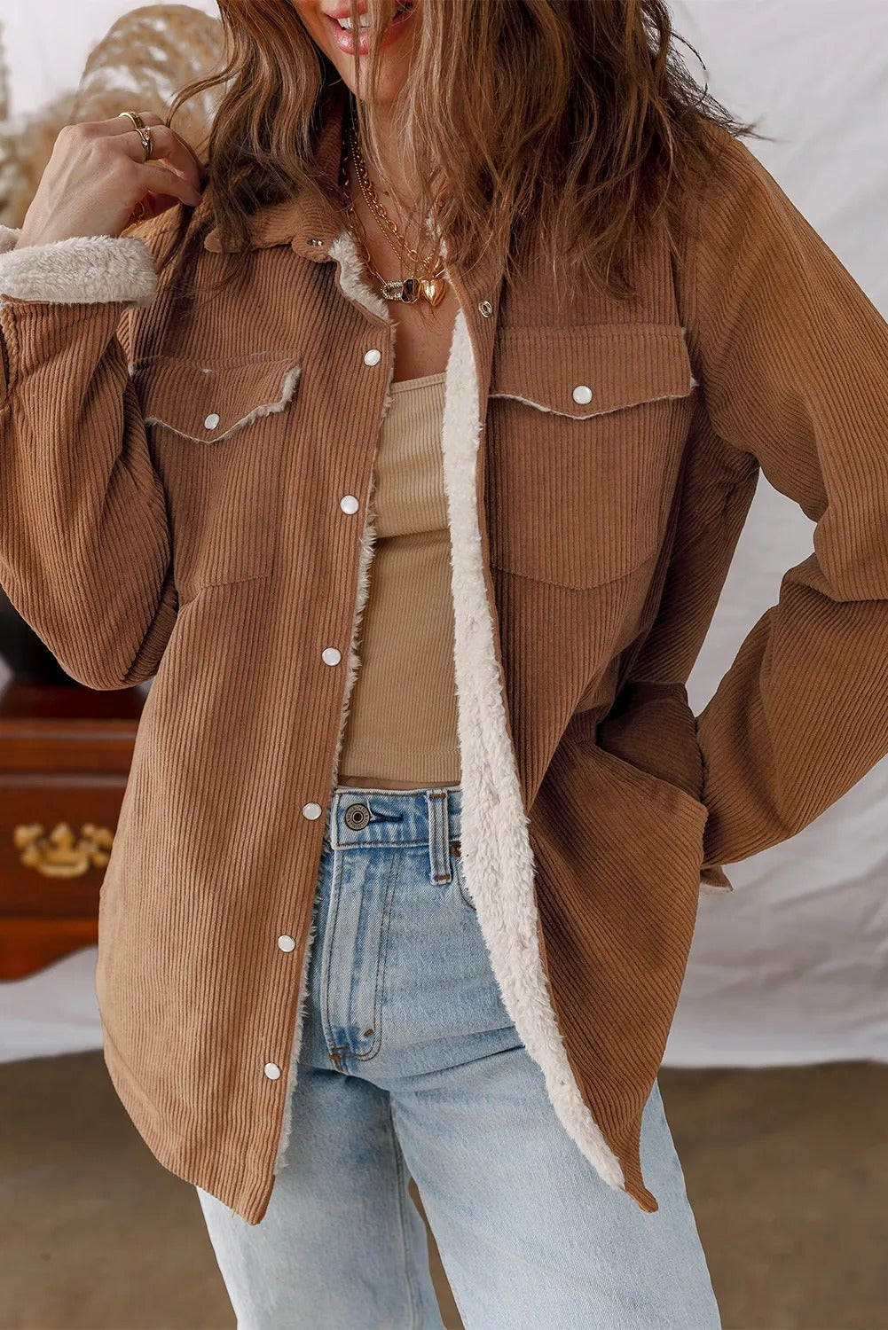Cinnamon Fleece Lined Buttoned Flap Pockets Corduroy Jacket - kinko