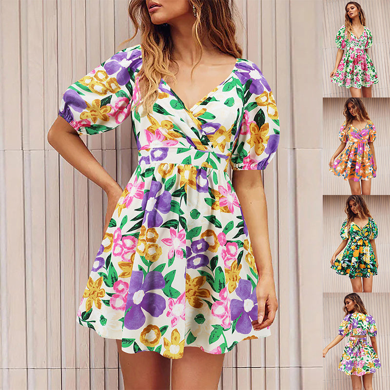 Flowers Print V-Neck Lantern-sleeve Dress Y2K Summer Vacation Beach Short Dresses Fashion Womens Clothing - kinko
