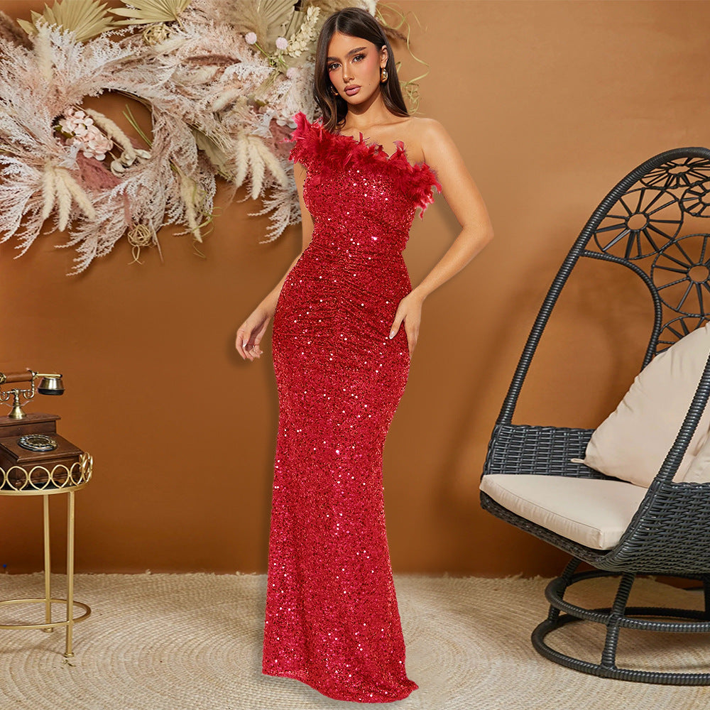 Black Paillette Feather Stitching Sequin Sexy Evening Dress Women - kinko