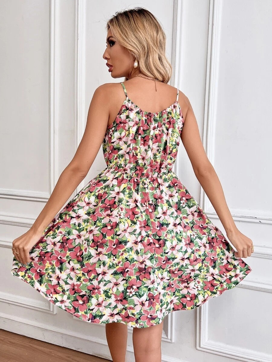 Floral Print Suspender Dress With Elastic Waist Design Fashion Summer Short Dresses Womens Clothing - kinko