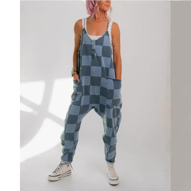 Fashion Plaid Colored Mosaic Loose Casual Jumpsuit - kinko