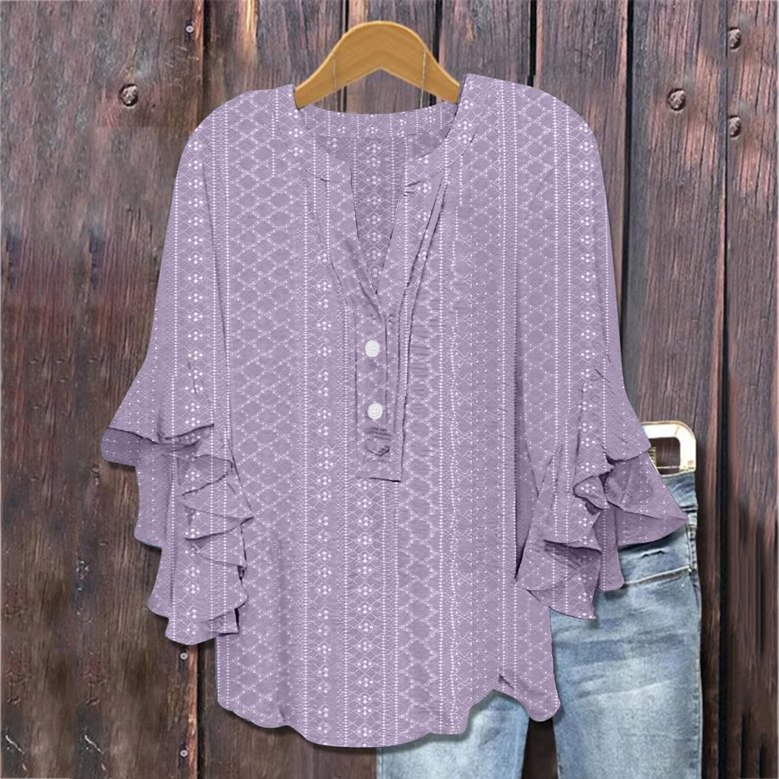 Printed Casual Trend V-neck Flounce Sleeve T-shirt - kinko