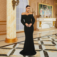 Long Sleeve Off Shoulder Off-the-shoulder Banquet Evening Dress - kinko