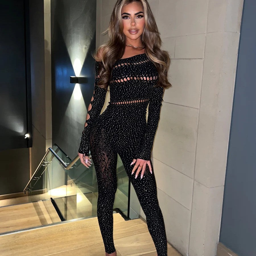 One-piece Long Sleeves Hot Rhinestone Shiny Fishnet Clothes Sexy Lingerie - kinko