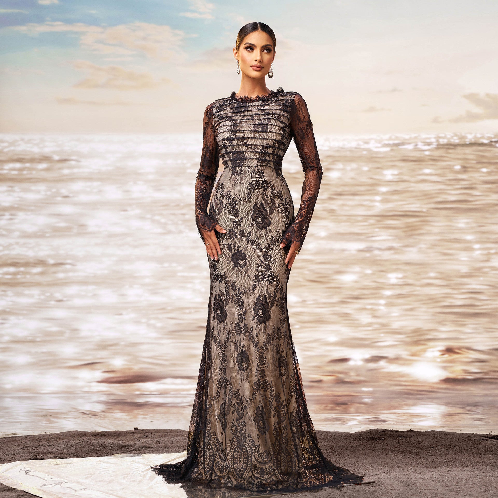 Long Sleeve Round Collar Gauze Sheath Fishtail Evening Dress - kinko
