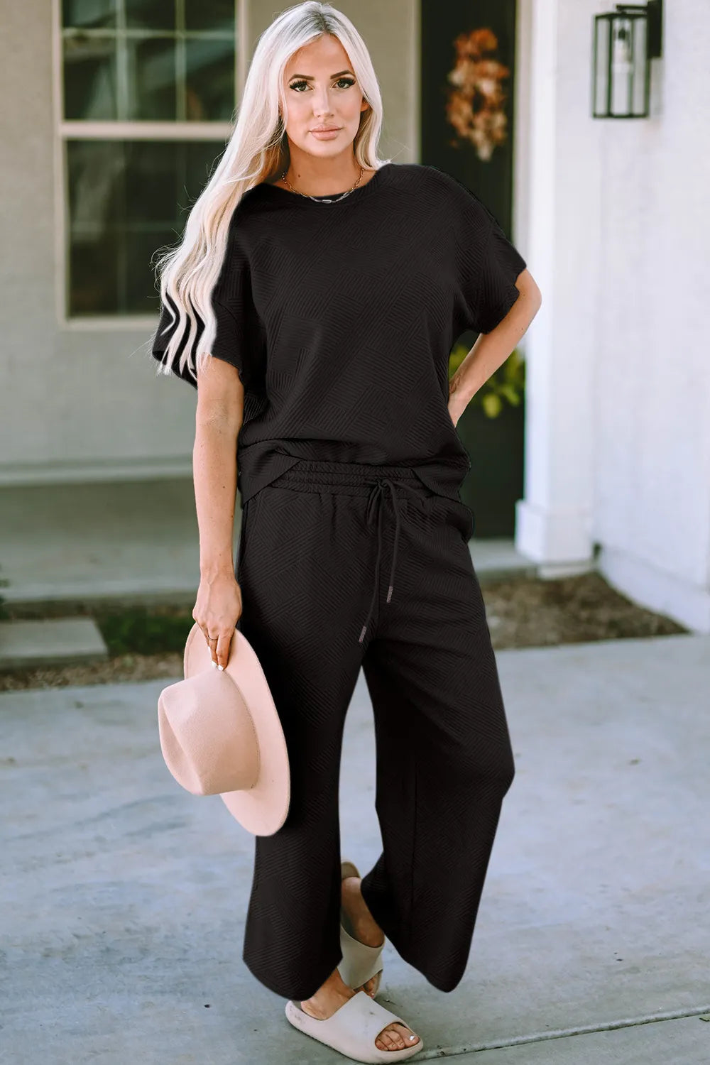 Double Take Full Size Texture Short Sleeve Top and Pants Set - kinko
