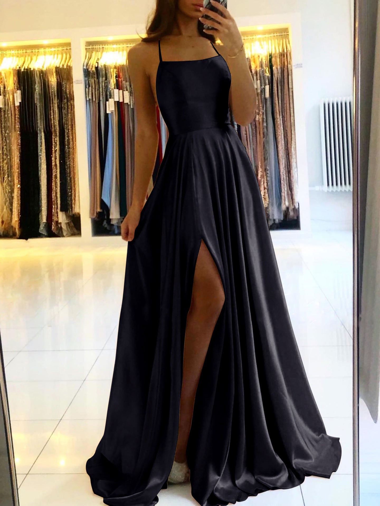 Amazon Long European And American Style Dress Slim Strap Back-to-back Dress High Slit Dance Host Dress - kinko