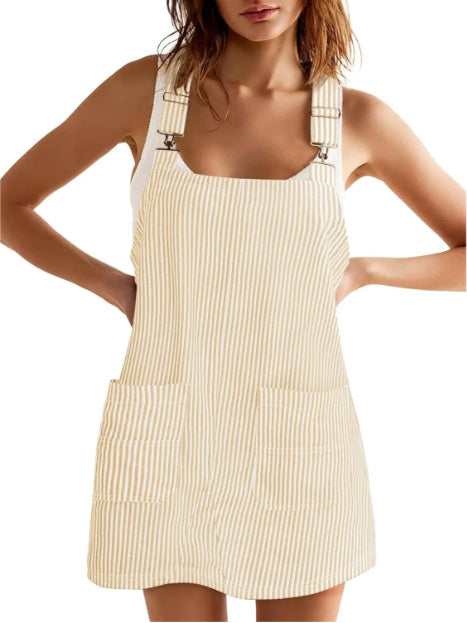 Striped Pocket Strap Adjustable Casual Dress - kinko