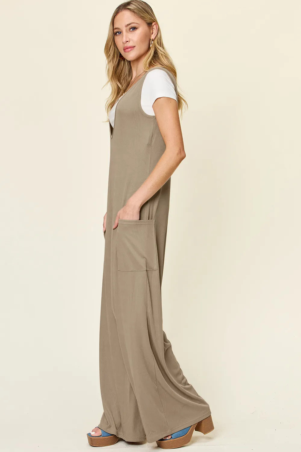 Double Take Full Size Sleeveless Wide Leg Jumpsuit with Pockets - kinko