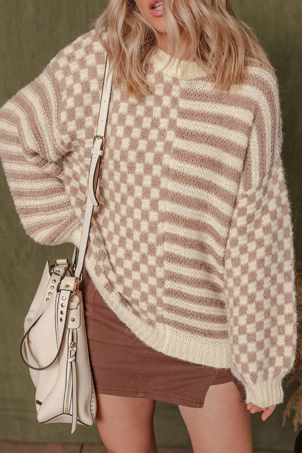 Khaki Stripe Checkerboard Drop Shoulder Balloon Sleeve Sweater - kinko