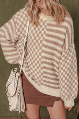Khaki Stripe Checkerboard Drop Shoulder Balloon Sleeve Sweater - kinko