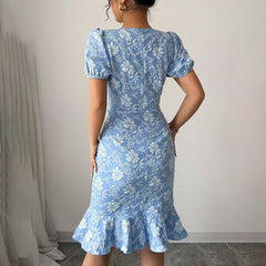 Women's Floral Jacquard Dress Women's Short Puff Sleeve Crew Neck Ruffle Hem Bodycon Dresses - kinko