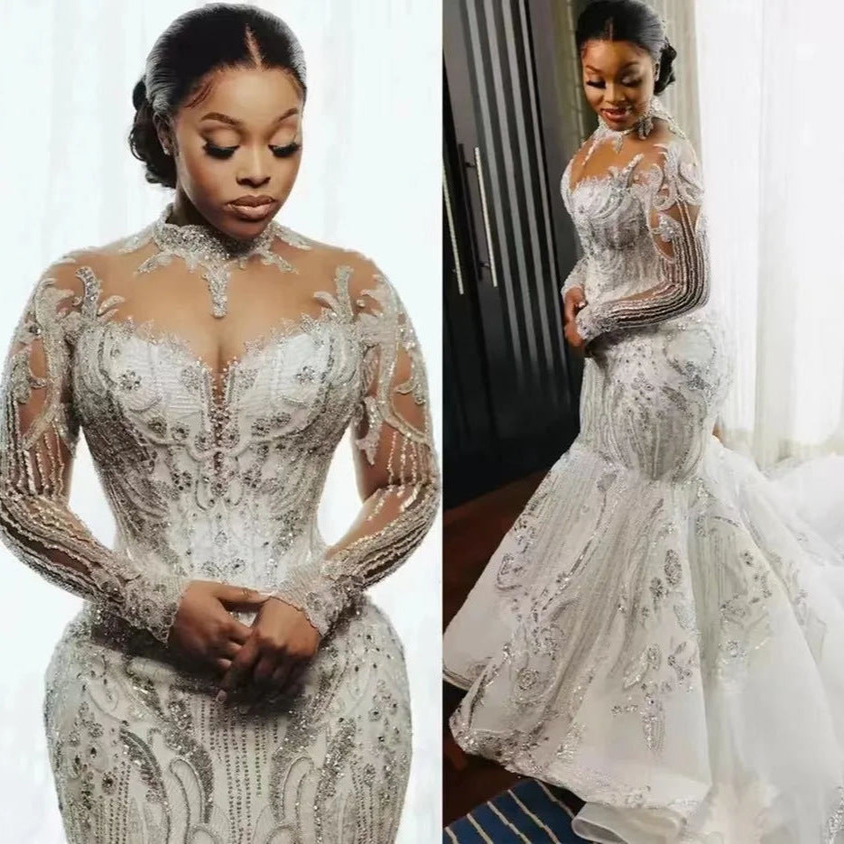 Wedding Dress African Bridal Lace Long Sleeve Fishtail - kinko