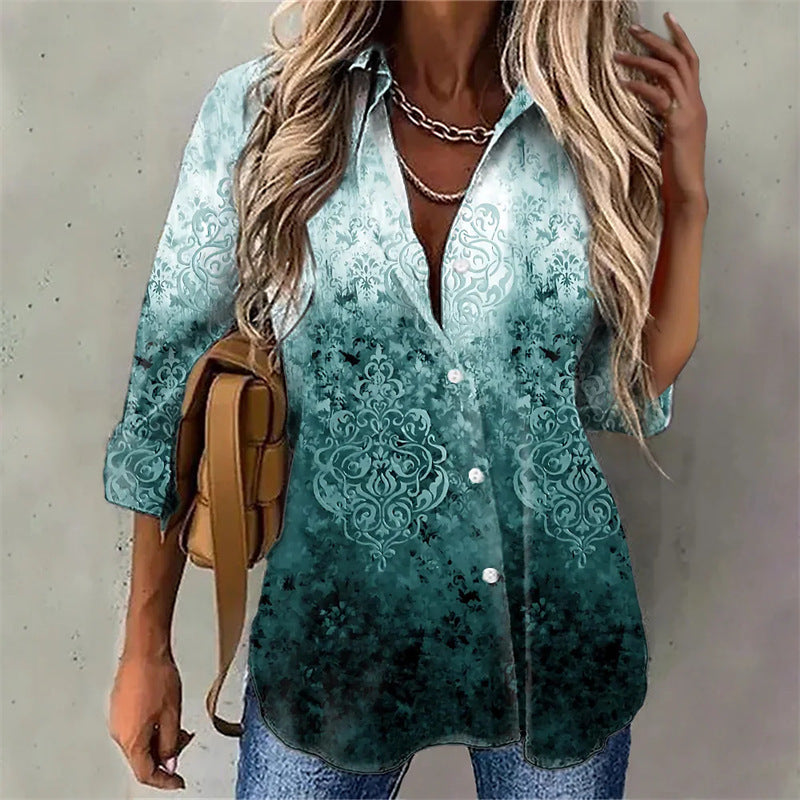 Tie-dyed Printed Button Long-sleeved Shirt - kinko