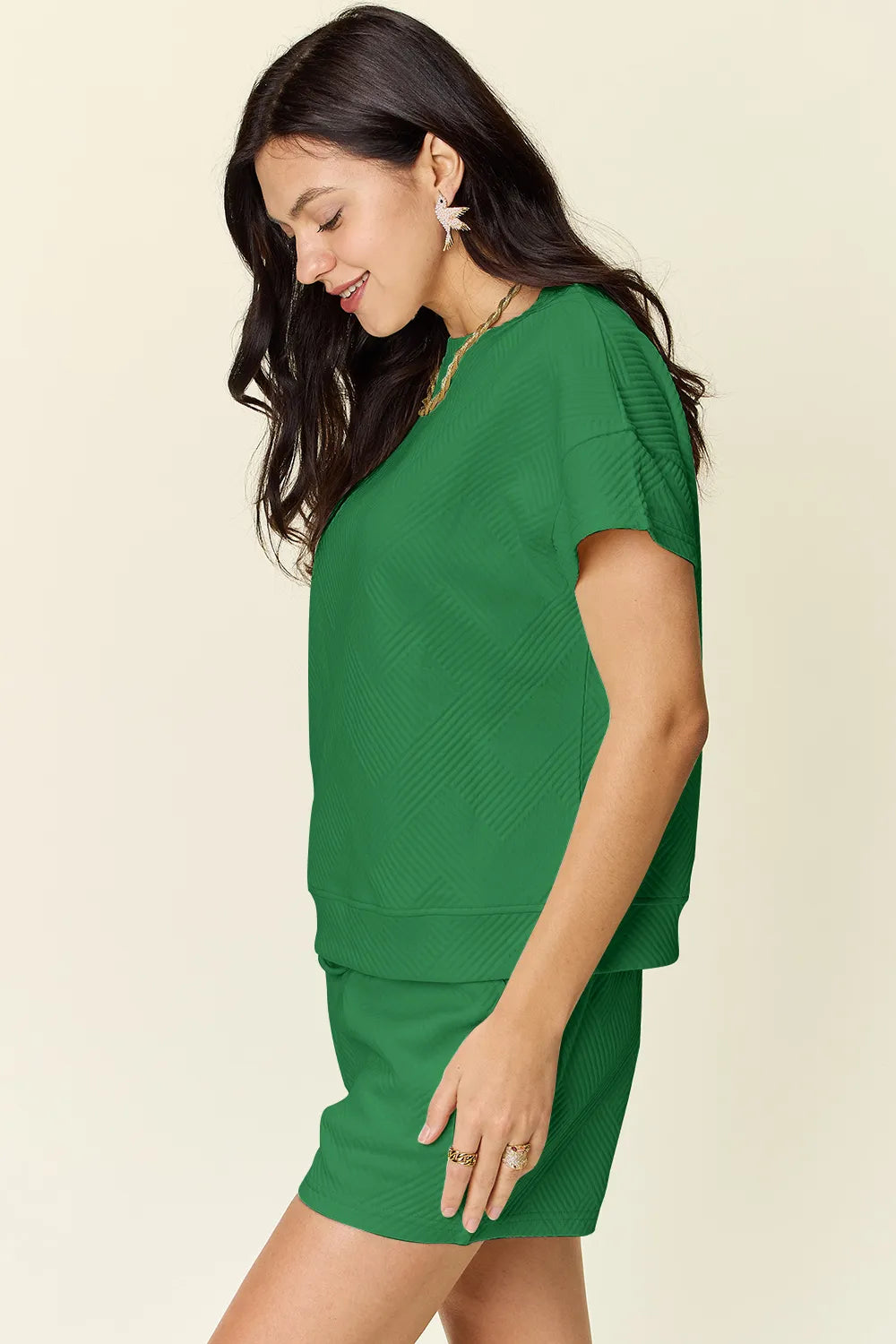 Double Take Full Size Texture Short Sleeve T-Shirt and Drawstring Shorts Set - kinko
