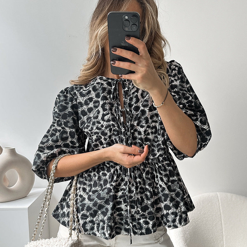 Women's Design Lace-up Bubble Sleeve Printed Blouse - kinko