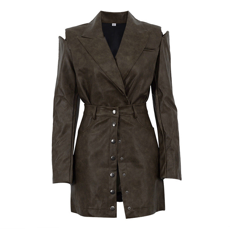 Vintage PU Leather Hollow Out Long Sleeve Top Skirt Suit - kinko