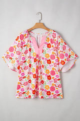White Floral Split V Neck Wide Short Sleeve Plus Size Blouse Top - kinko