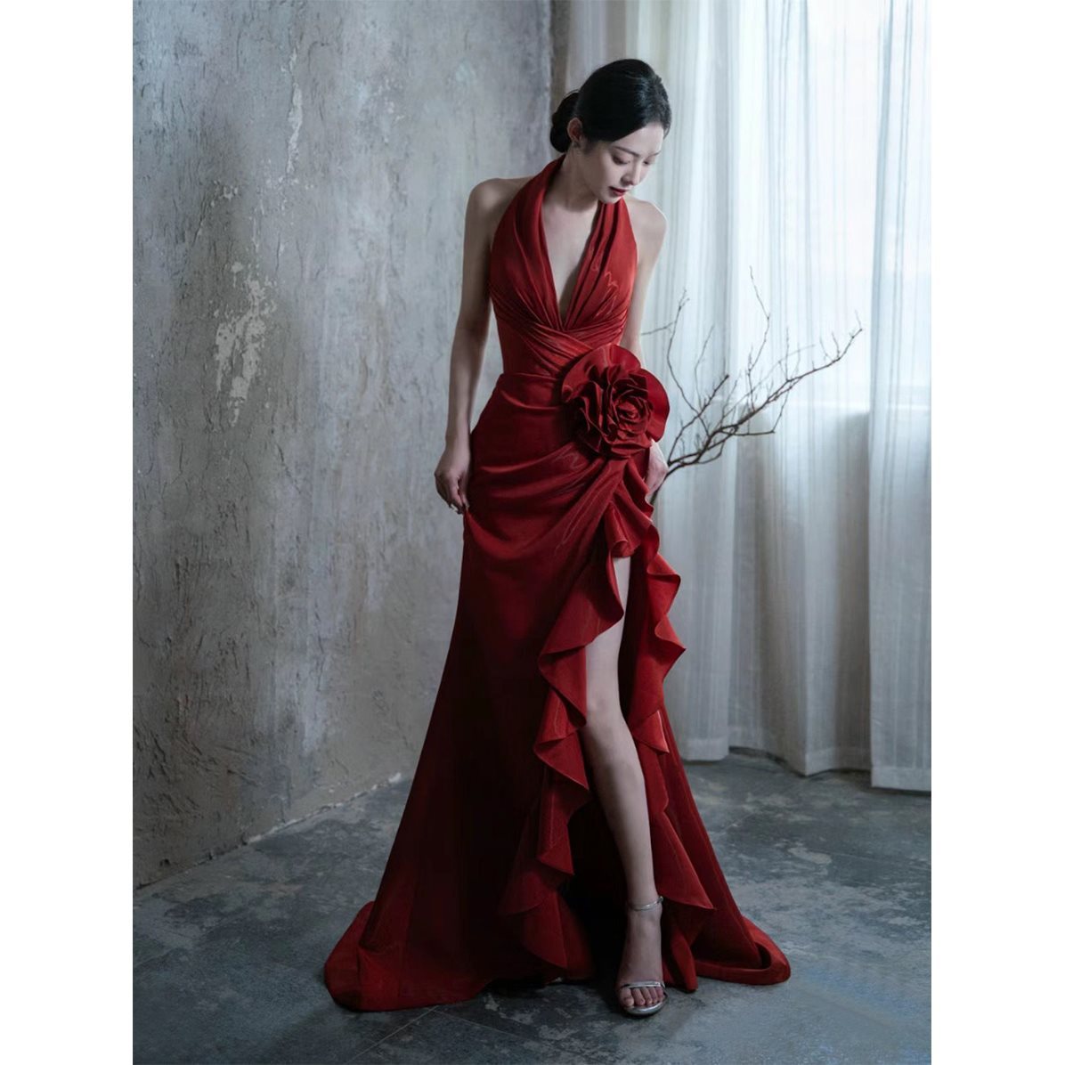 Socialite Style Wine Red Elegant Halter Bride Wedding Toast Dress - kinko