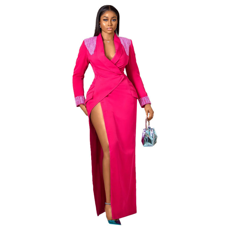 Rose Red Suit Collar Deep V Split High Waist Dress - kinko