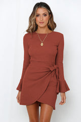 Women's Long Sleeve Dress Ruffle Flared Sleeve Bowknot Waffle Temperament Short Dresses - kinko