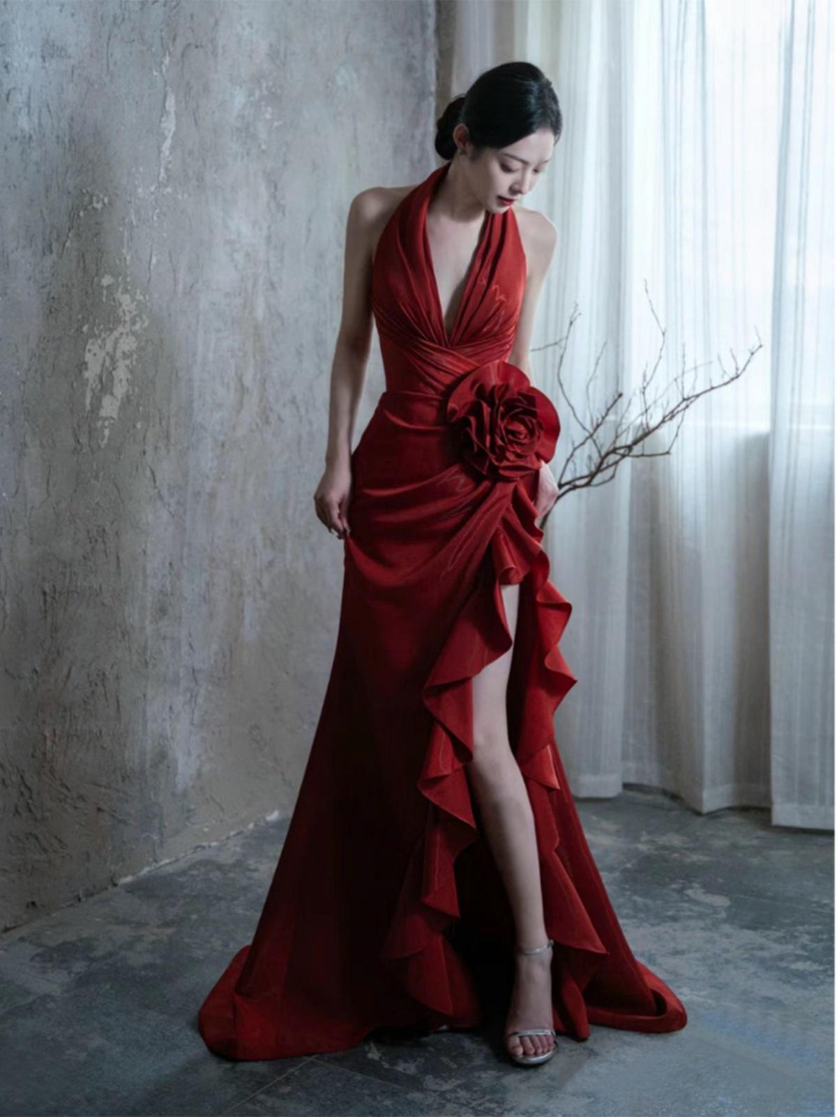 Socialite Style Wine Red Elegant Halter Bride Wedding Toast Dress - kinko
