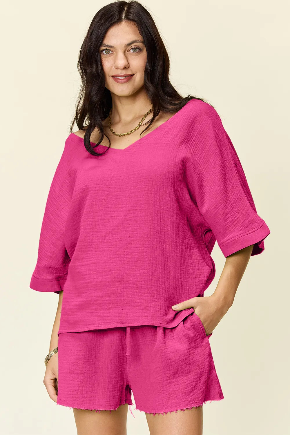 Double Take Texture Half Sleeve T-Shirt and Drawstring Shorts Set - kinko