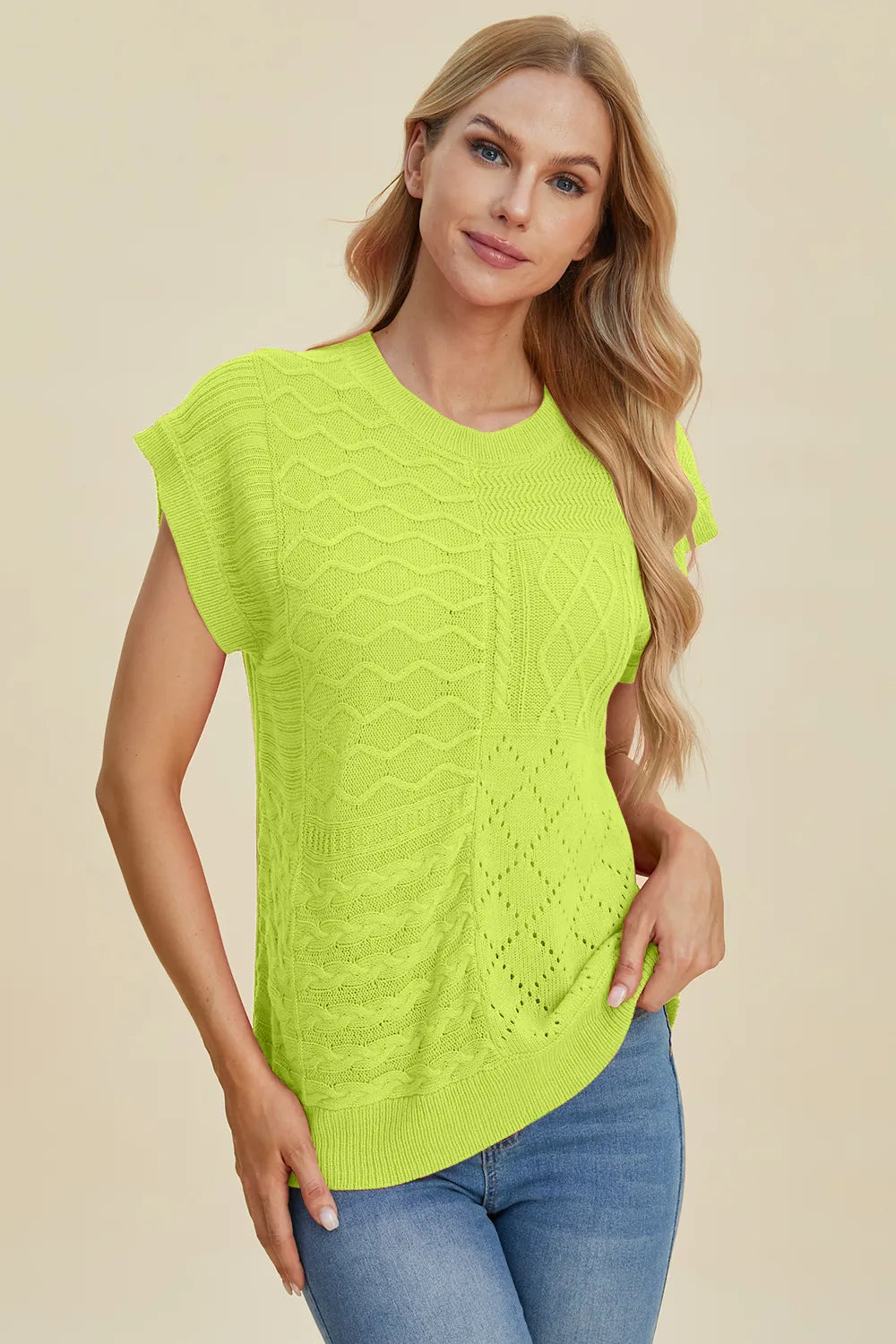 Double Take Full Size Cable-Knit Round Neck Cap Sleeve Sweater - kinko