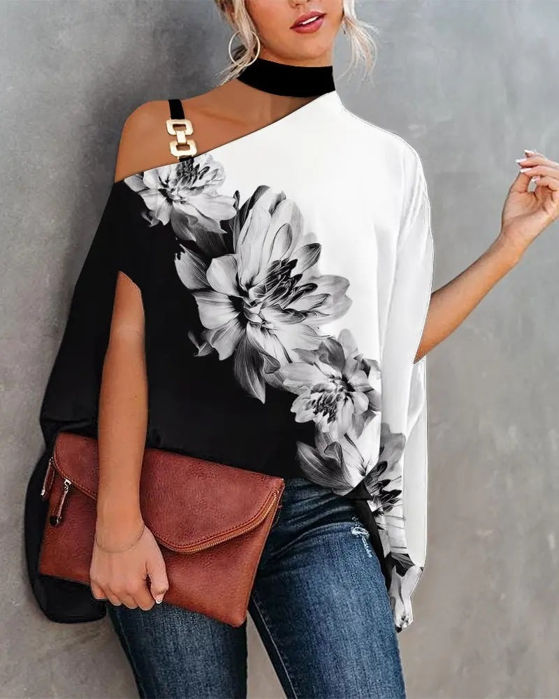 Wear Halter Shawl Printed Elegant Short Sleeve Bat Shirt - kinko