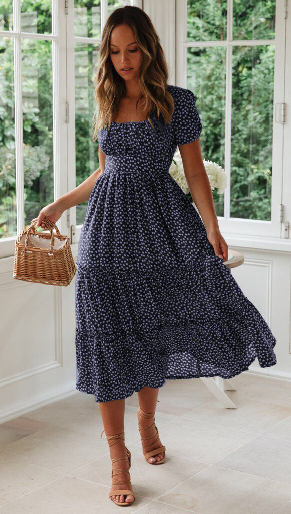 Square Collar Short Sleeve Dress Summer Puff Floral Printed Dress Long Dresses - kinko