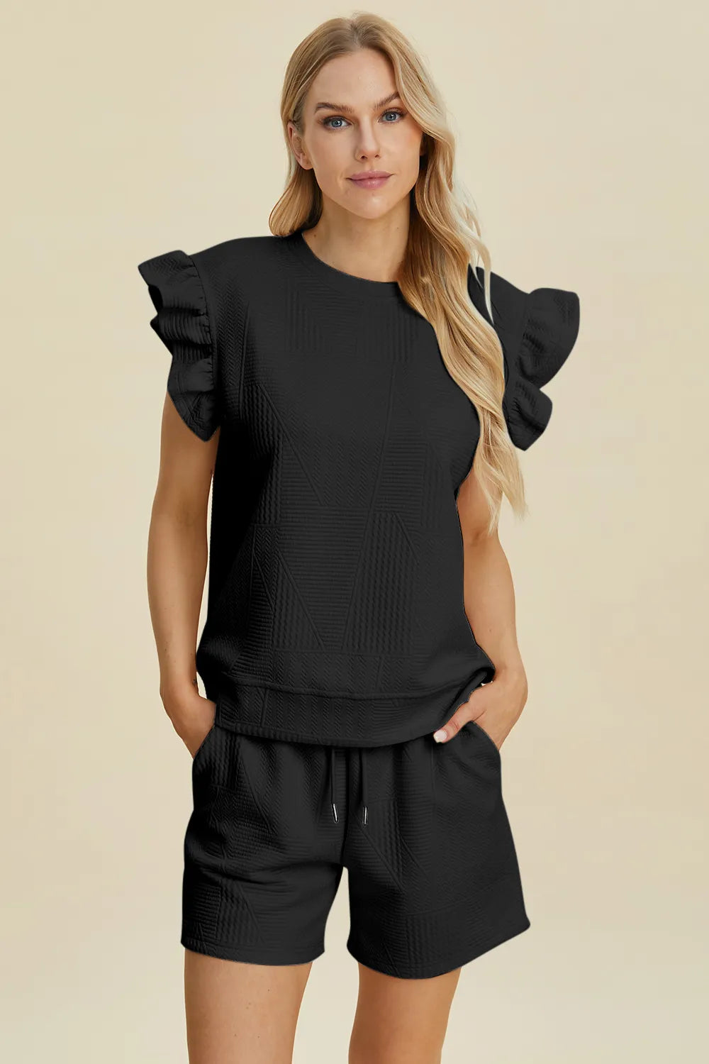 Double Take Full Size Texture Round Neck Ruffle Sleeve Top and Shorts Set - kinko