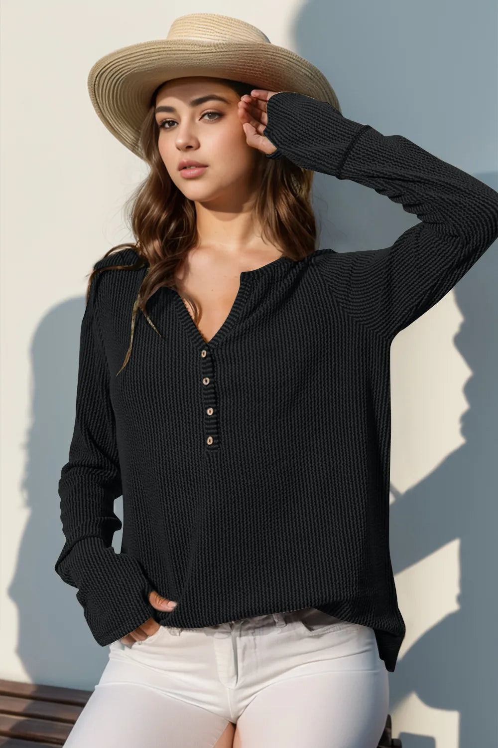 Double Take Full Size Notched Thumbhole Long Sleeve T-Shirt - kinko
