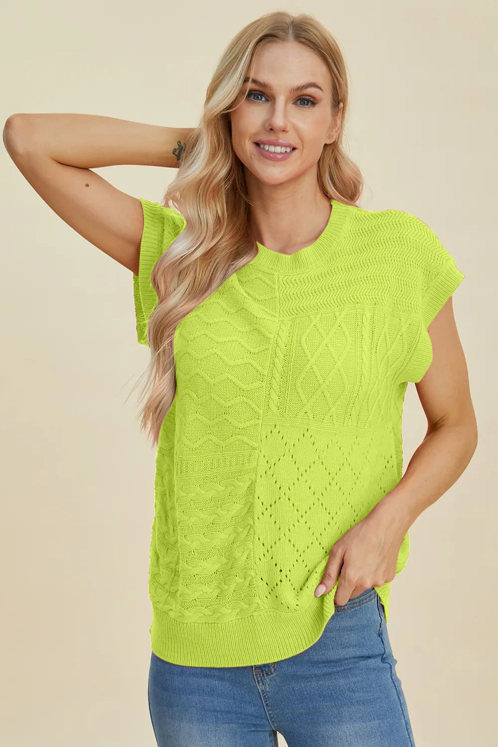 Double Take Full Size Cable-Knit Round Neck Cap Sleeve Sweater - kinko