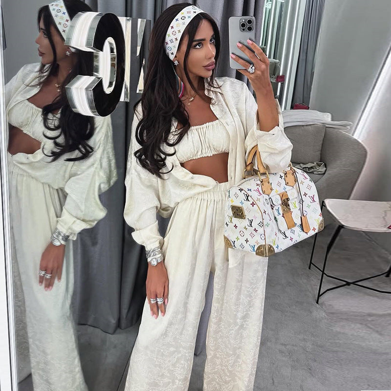 Lapel Long Sleeve Shirt Tube Top Wide Leg Pants Three-piece Set - kinko