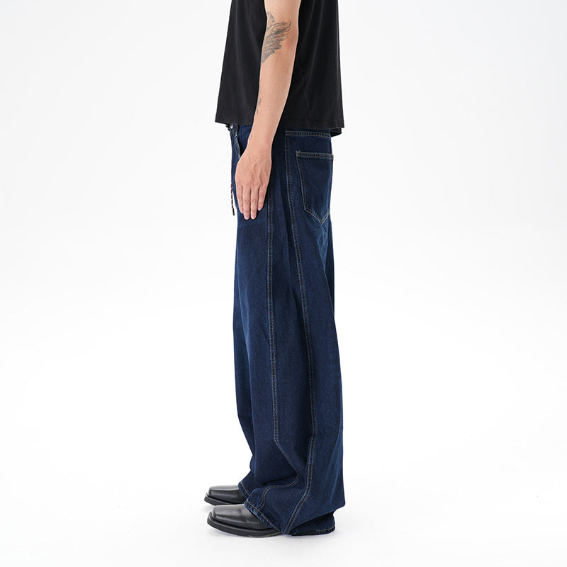 Washed Distressed Dark Blue Wide Leg Machete Jeans - kinko