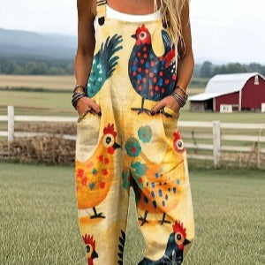 Women's Summer Digital Printing Button Casual Suspender Trousers - kinko