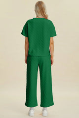 Double Take Full Size Texture Round Neck Short Sleeve Top and Pants Set - kinko