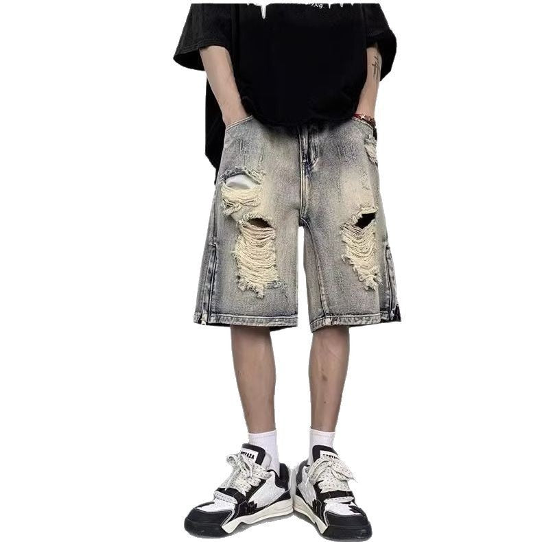 American High Street Retro Tattered Jeans Denim Shorts Wide Leg - kinko