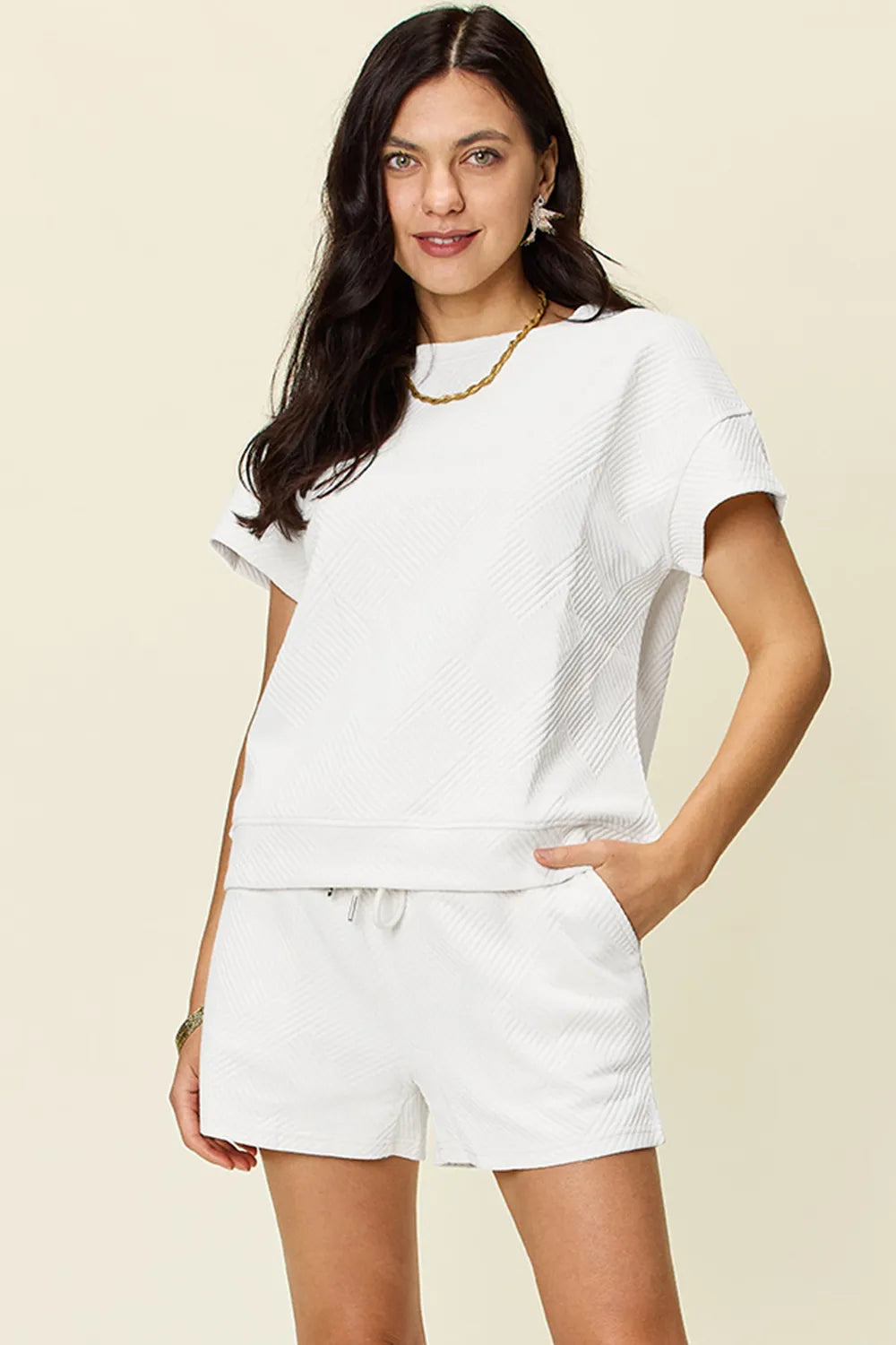 Double Take Full Size Texture Short Sleeve T-Shirt and Drawstring Shorts Set - kinko