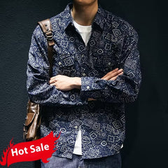 Social Style Denim Printing Men's Lapel Casual Shirt - kinko