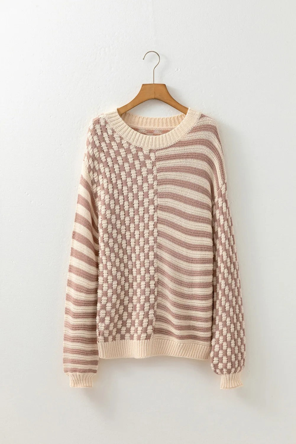 Khaki Stripe Checkerboard Drop Shoulder Balloon Sleeve Sweater - kinko