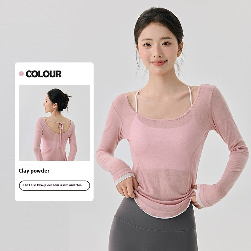 Loose Casual High-grade Yoga Clothes Blouse Hem Contrast Color Light Breathable Sexy Backless - kinko