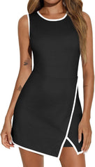 Round Neck Contrasting Color Side Slit A-line Tennis Skirt - kinko