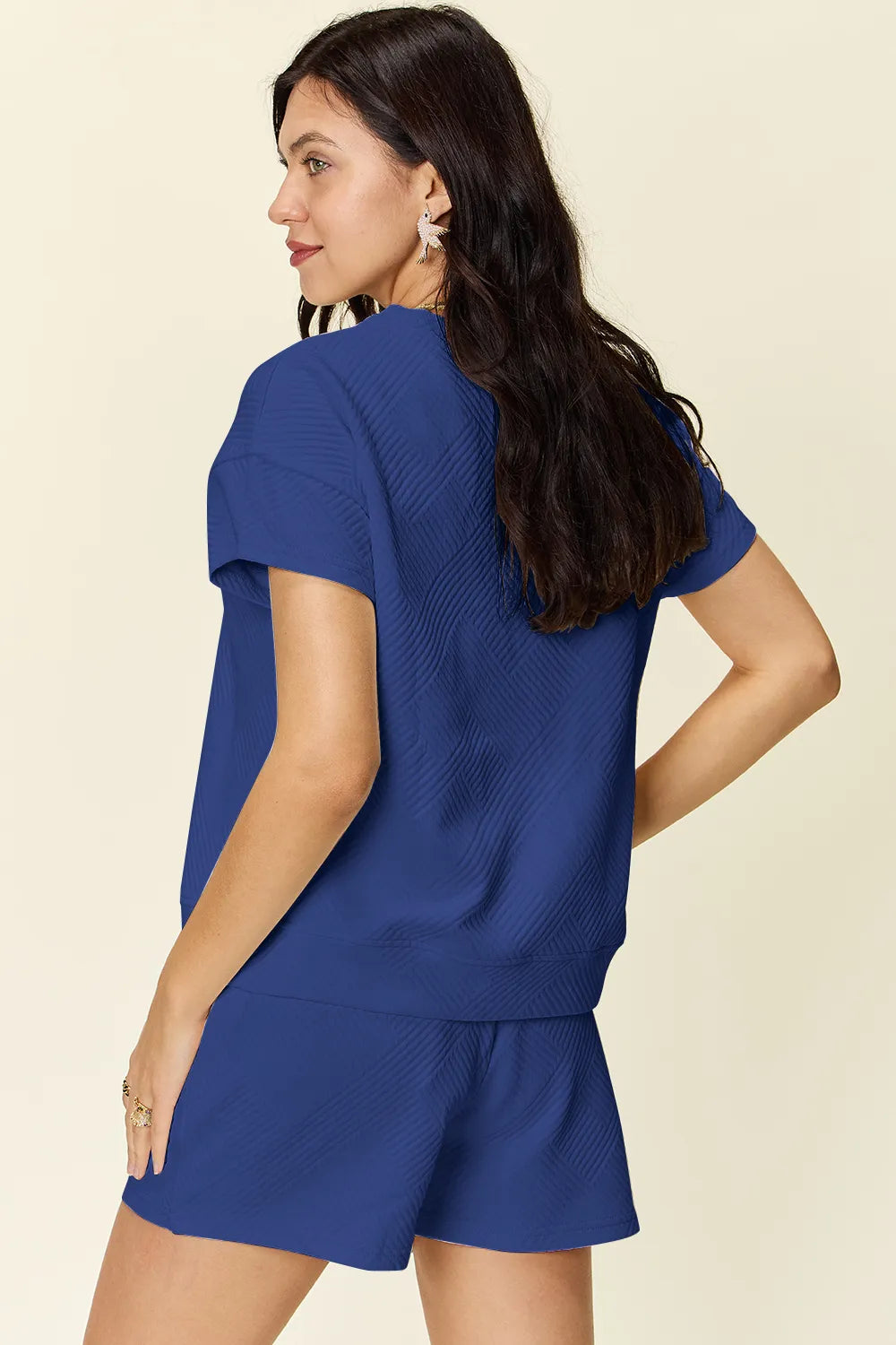 Double Take Full Size Texture Short Sleeve T-Shirt and Drawstring Shorts Set - kinko