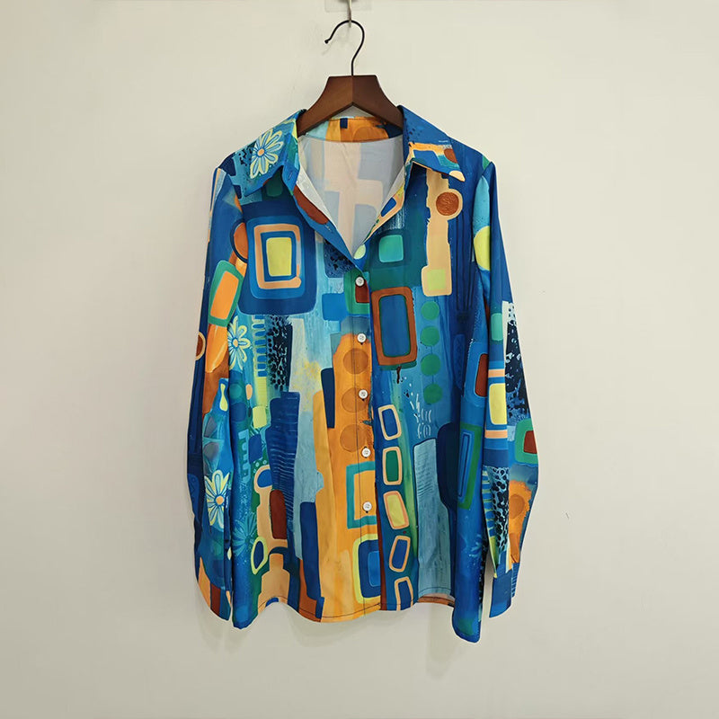 Women's Lapel Collar Printed Long Sleeve Shirt - Vibrant Colorful Pattern Button-Up Blouse Stylish Spring&Summer Vacation Top - kinko