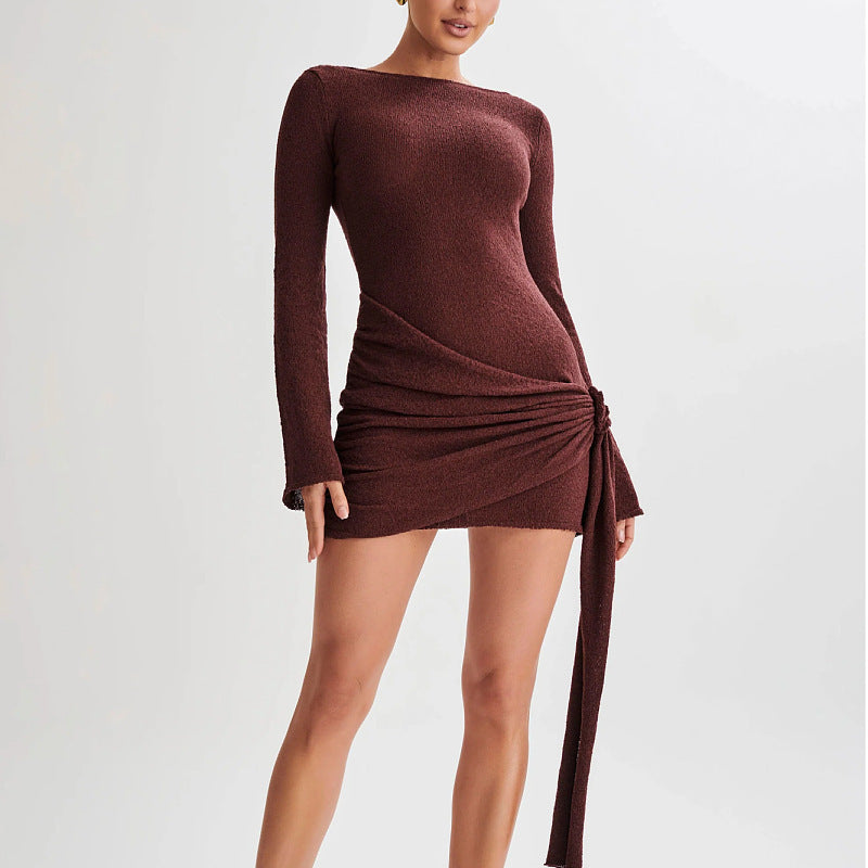 Fashion Slim Long-sleeved Dress Y2K Sexy Hip-hugging V-shaped Backless Short Dresses Womens Clothing - kinko