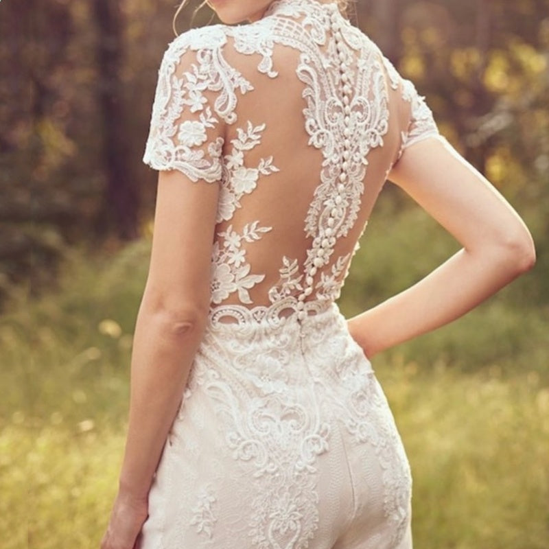 Bride Pants Suit Wedding Bridal Gowns Short Sleeve Jumpsuit - kinko