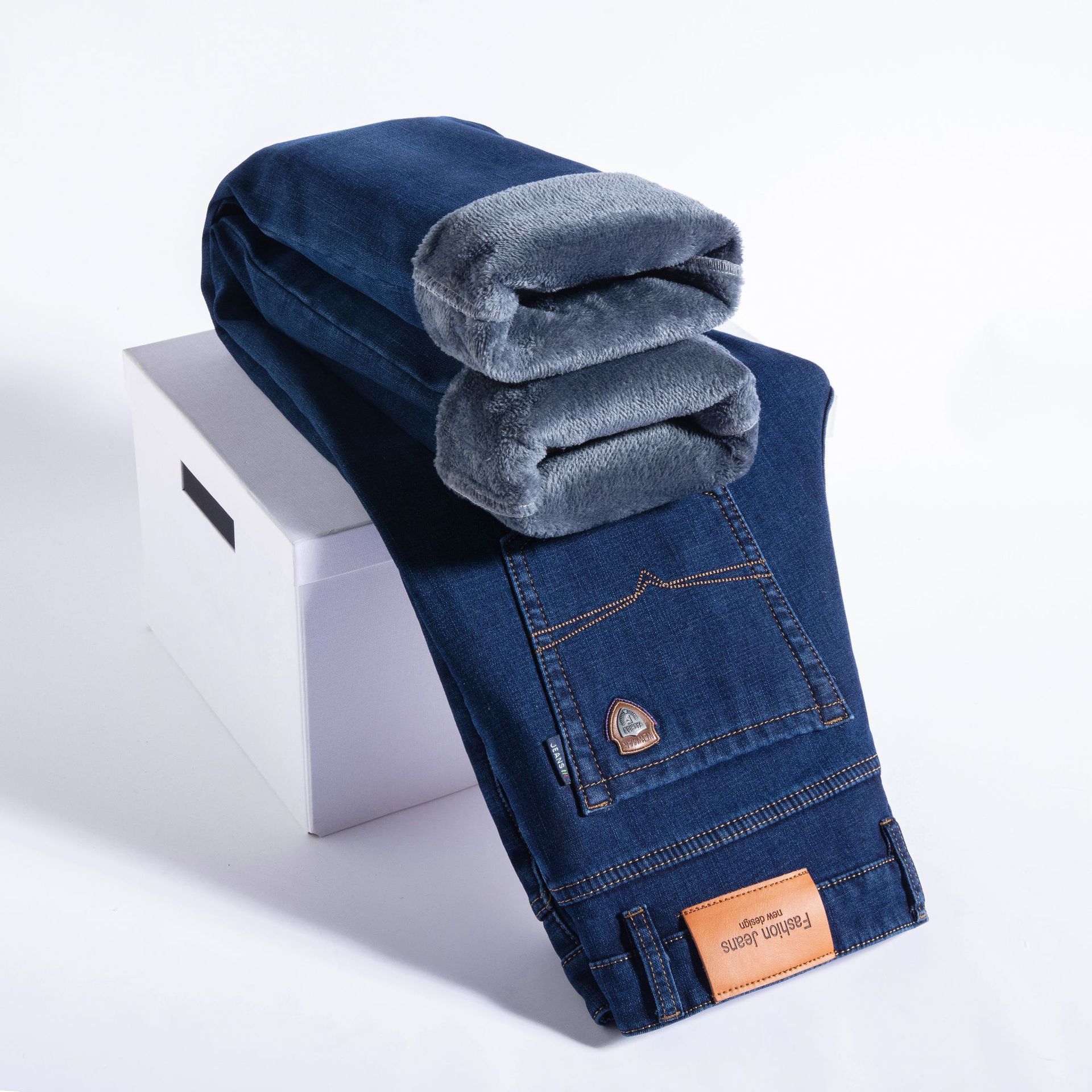 Fleece-lined Men's Loose Straight Plus Size Jeans - kinko