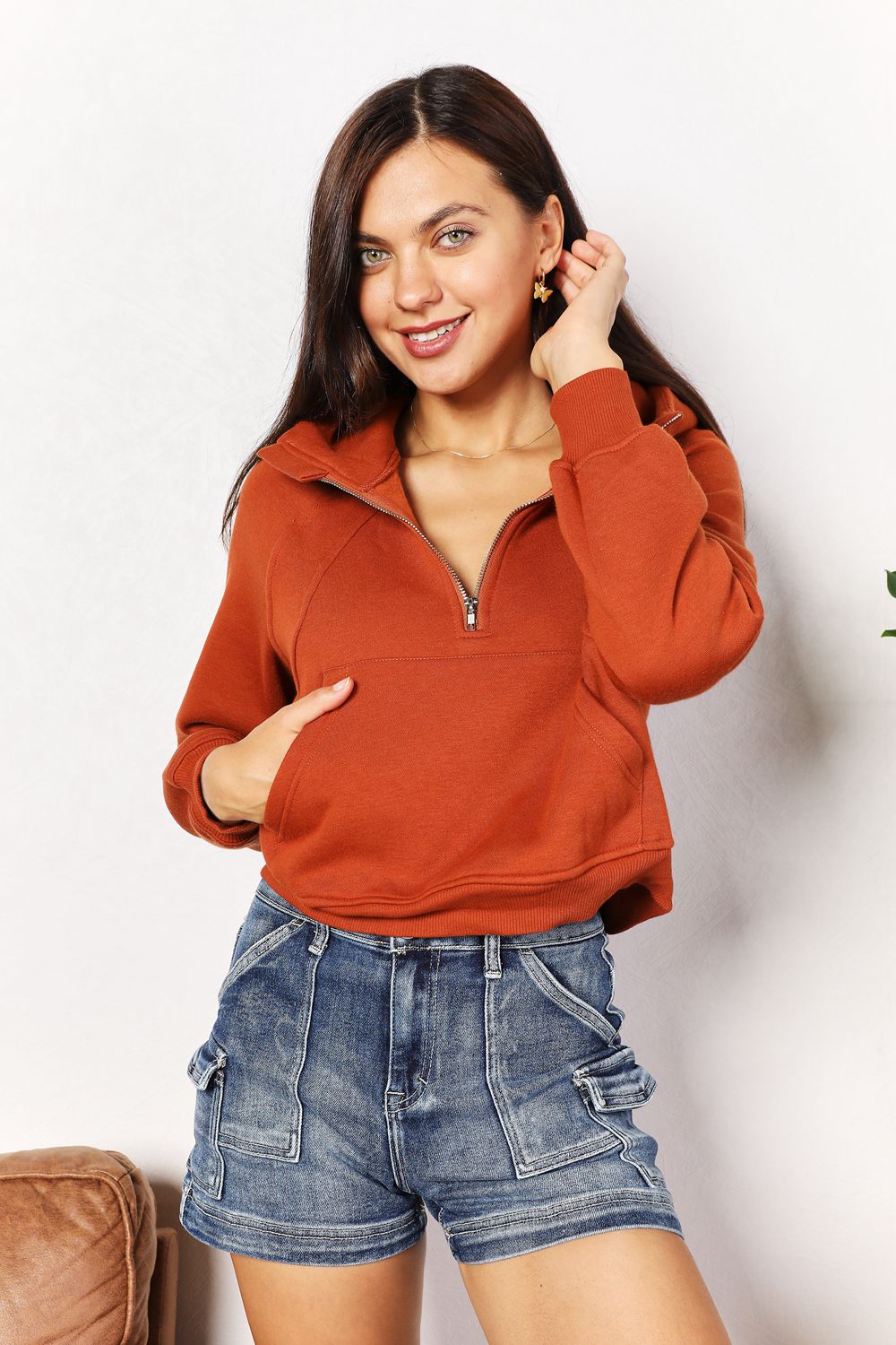 Double Take Half-Zip Long Sleeve Hoodie - kinko