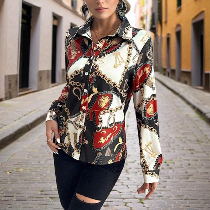 Women's Lapel Long Sleeve Shirt - Fitted Cut Intricate Print Button-Up Design Casual Spring&Fall Wear - kinko